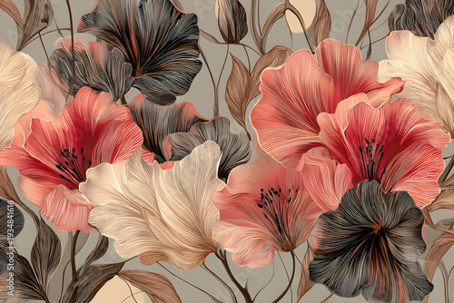 Beautiful floral design featuring red and cream flowers on a gray background with detailed leaf patterns