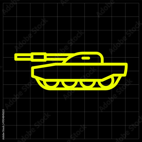 Modern Main Battle Tank Icon for Heavy Armored Warfare and Defense Strategy. Sleek neon yellow outline of a heavy battle tank suitable for military history blogs or tactical strategy game interfaces