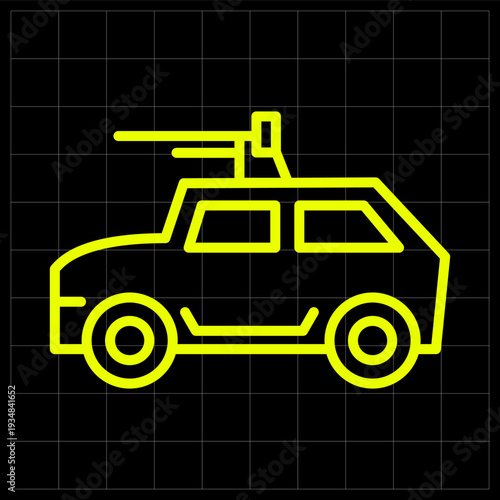 Armored Military Humvee Vehicle Icon for Tactical Defense and Army Transportation. A neon yellow line art of a tactical armored vehicle for military games, security apps, or defense infographics