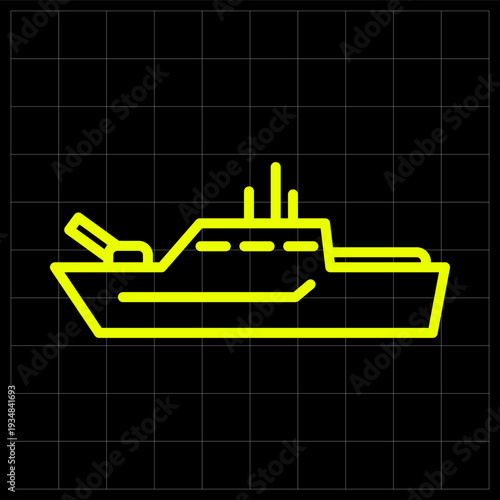 Naval Warship Destroyer Icon for Maritime Defense and Military Sea Operations. Creative neon line art of a military naval vessel for maritime security branding or tactical sea-combat icons