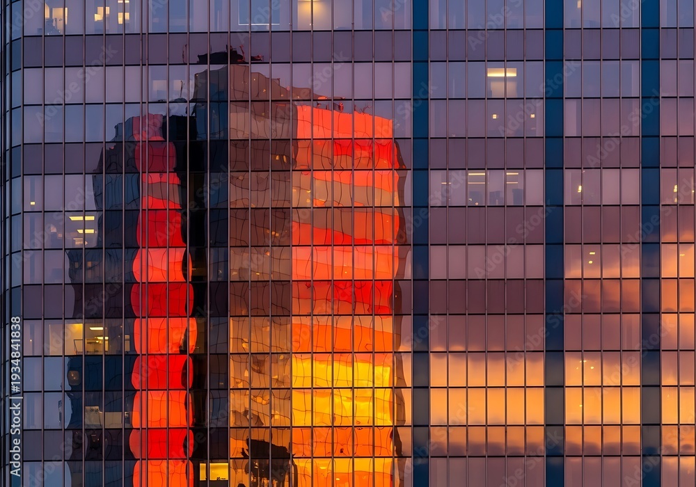 Fototapeta premium Urban sunset reflected in glass facade mirroring the adjacent high-rise edifice showing vivid colors