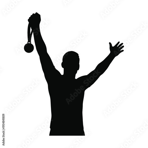 silhouette of a man raising the medal in victory