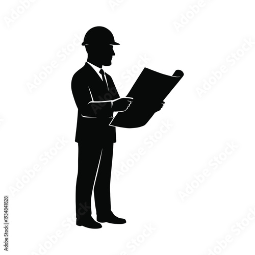 silhouette of an engineer or architect holding construction plan