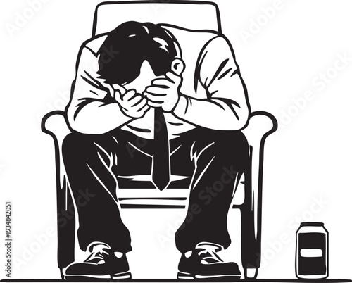 Man sitting in chair with head in hands stressed or overwhelmed next to an empty can isolated on white background