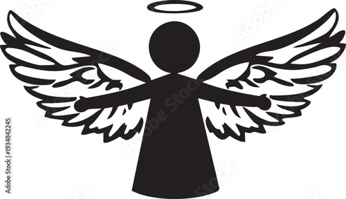 Black silhouette angel with wings and halo on white background symbolizing protection and spirituality