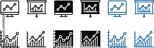 Collection of business and finance icons featuring graphs and monitors