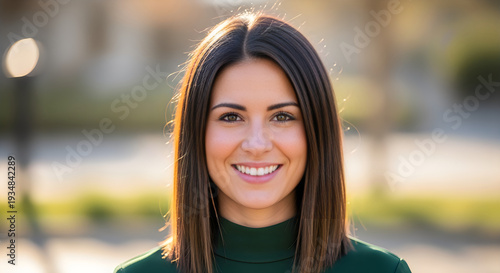 Professional woman smiling warmly outdoors in daylight