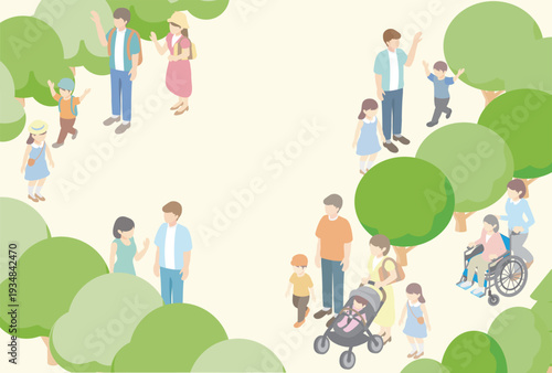 sometric Illustration of People in a Lush Summer Park. Concept for Urban Development, Welfare, and Family Travel