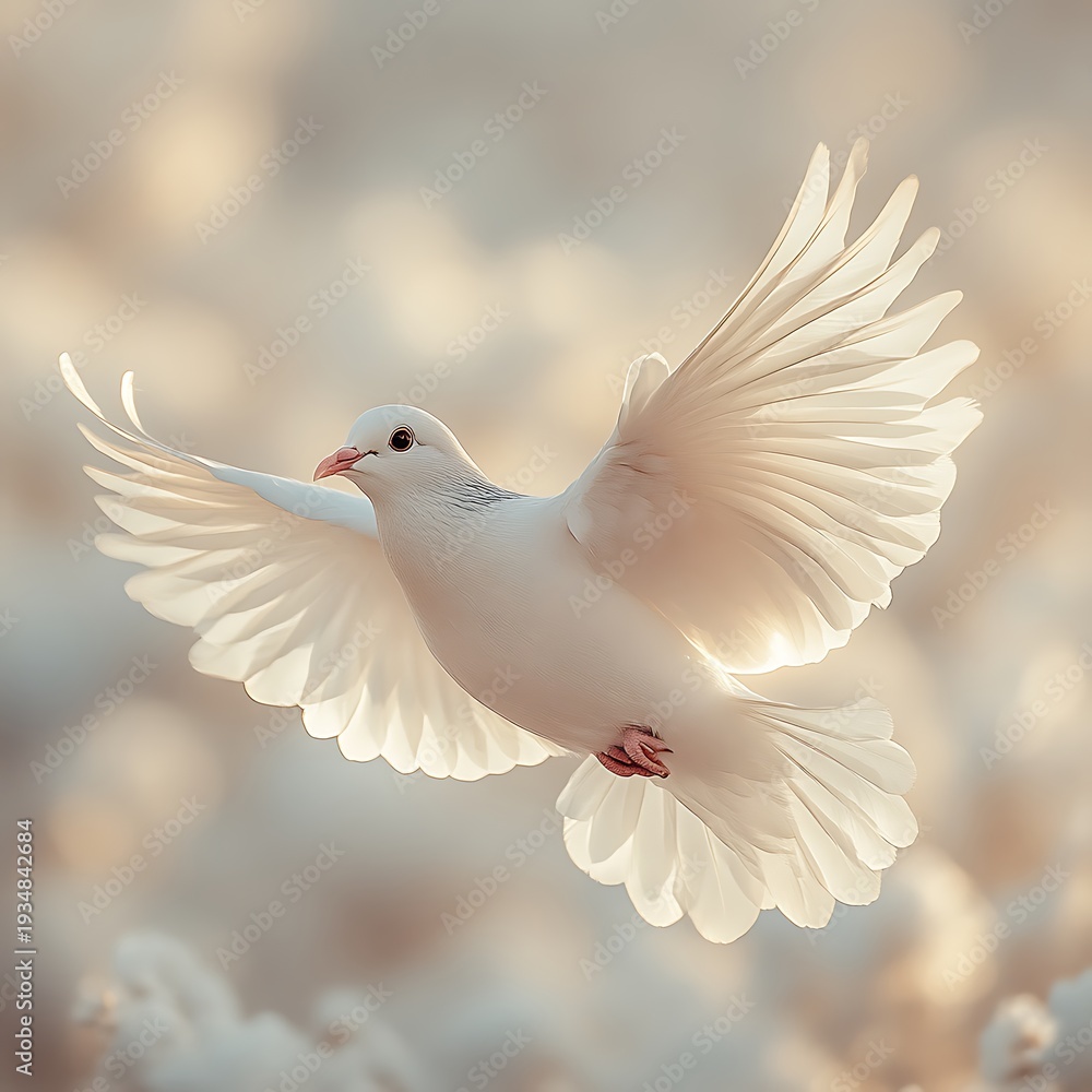 Obraz premium White dove in flight, bathed in soft light