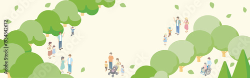 sometric Illustration of People in a Lush Summer Park. Concept for Urban Development, Welfare, and Family Travel