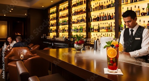 Elegant Bartender Crafts Smoking Fruit Cocktail in Luxury Bar Lounge