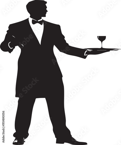 Silhouette of a waiter in a tuxedo holding a tray with a wine glass and bottle formal service