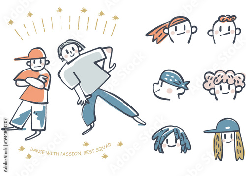 腕組みをした生徒と指導者が共演するシーンに、メンバー紹介等で活用できる6種類の丸型顔アイコンをセットにしたダンススクールのWebサイト用デザインキット
