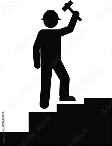 A silhouette of a man standing on stairs with a sledgehammer