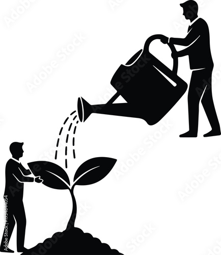 Silhouette businessmen watering growing plant symbolizing investment and development vector illustration