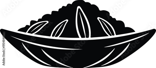 Silhouette bowl filled with fresh cooked rice and leaves vector illustration