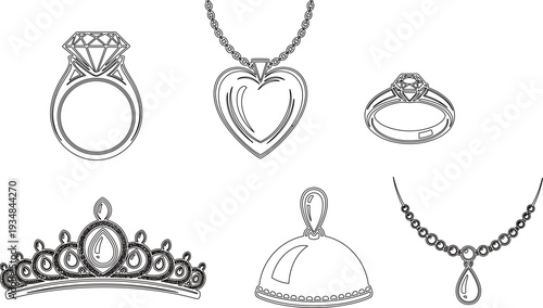 Elegant jewelry outline collection set, diamond rings heart necklace tiara pendant luxury accessory illustration isolated on white