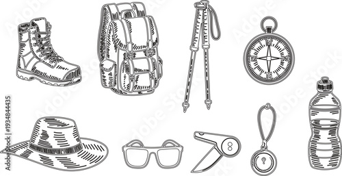 Hand drawn hiking and camping gear set, outdoor adventure equipment sketch vector illustration isolated on light background