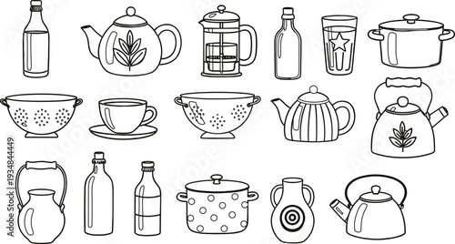 Hand drawn kitchenware collection set, teapot kettle cups bottles cookware outline illustration isolated on white background design
