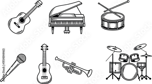 Hand Drawn Musical Instruments Icons Set, Guitar Piano Drum Trumpet Microphone Line Art Vector Illustration Collection for Music Design