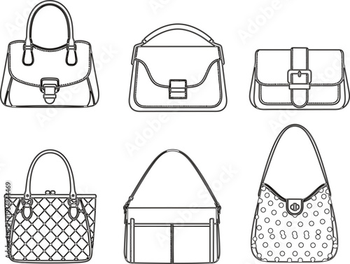 Hand drawn women handbags collection set, luxury shoulder tote crossbody purse outline fashion illustration isolated on white background