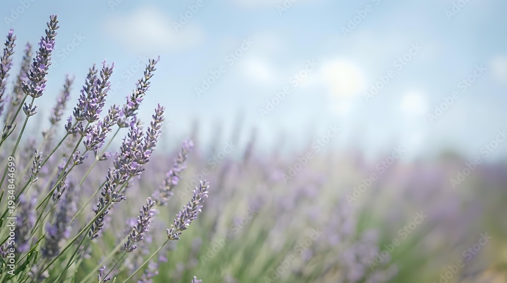 Obraz premium Purple lavender flowers blooming in field with soft focus background. Natural aromatherapy herbs growing in garden. Calming botanical landscape for wellness.