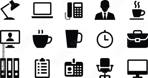 Minimal office icon set with business workspace symbols including laptop phone coffee clock chair and professional silhouette design