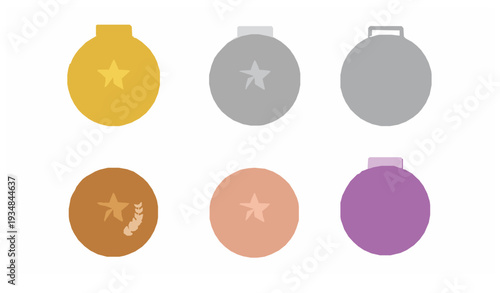 Modern metallic champion award medals gold silver bronze rose gold platinum purple badge icons isolated on white