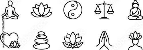 Minimalist meditation and yoga line icons set featuring lotus, buddha, zen balance symbols for mindfulness, wellness, and spiritual design