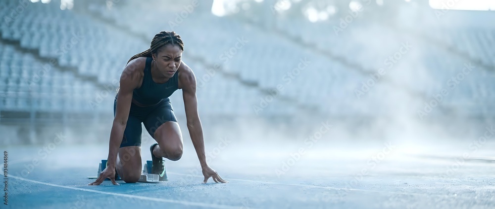 Fototapeta premium Athletic African American woman in starting position on running track at stadium ready to sprint during training session.