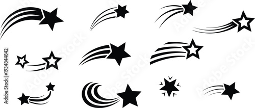 Shooting star icon set, black comet silhouettes with motion trails, celestial decorative vector illustration isolated design collection