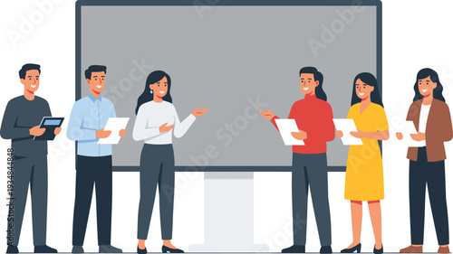 Business team presentation concept, group of office workers discussing project in meeting, corporate teamwork vector illustration, employees standing with documents in conference room background
