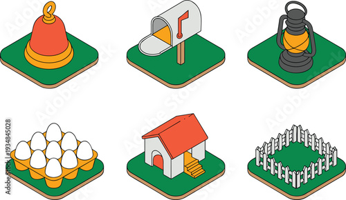 Isometric farm elements illustration, mailbox lantern bell eggs doghouse fence rural objects collection, countryside agriculture vector icon set design