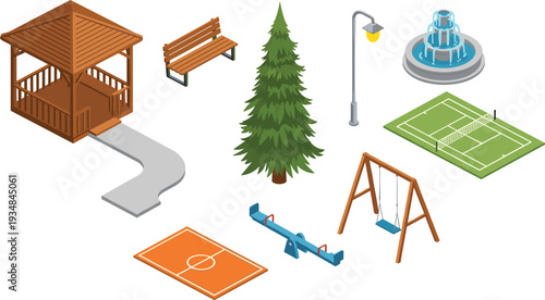 Isometric park elements collection, gazebo fountain playground bench sports courts, urban garden landscape design vector illustration set