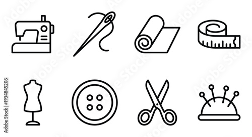 Sewing icons presenting tailoring symbols featuring needle, fabric roll and sewing machine