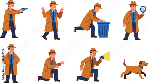 Detective character poses set, private investigator cartoon vector illustration, spy agent actions collection with gun, magnifier, megaphone, searching, running, crime investigation concept isolated