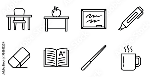 Stationery vector linear sign icon set for education study and learning equipment back to school design