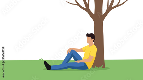 Young man sitting under tree alone, sad lonely person thinking in park, depression mental health concept, solitude outdoor scene, flat vector illustration isolated