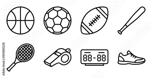 Sports equipment outline icon set for athletic competition team training and physical fitness events