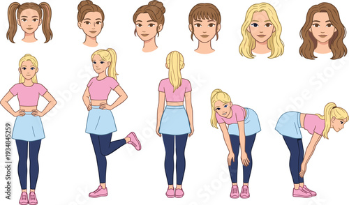 Teenage girl character poses set, different hairstyle and body positions, front side back view, cartoon female avatar collection, flat vector illustration isolated