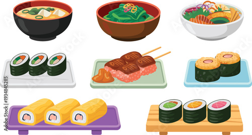Japanese food vector illustration set, sushi ramen miso soup rolls traditional Asian cuisine collection colorful restaurant menu design artwork