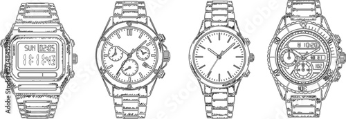Wristwatches, collection, outline, luxury, watch, chronograph, digital, analog, timepiece, fashion, accessory, classic, modern, illustration, isolated, lineart, design, elegant, style, set