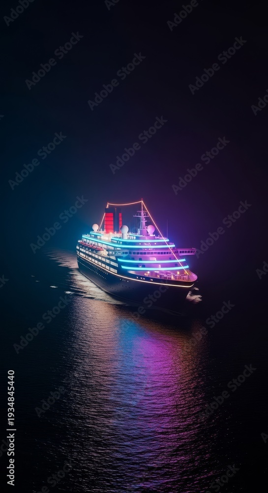 Obraz premium A grand nighttime festivity unfolds on a luxurious ocean liner, lights illuminate the joyous deck as it glides across the dark sea, travel, sparkle, euphoria