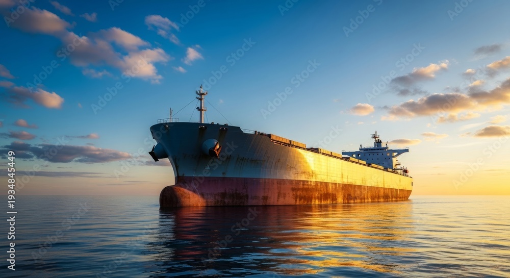 Fototapeta premium A massive cargo vessel sails on open waters beneath a dramatic, atmospheric sky painted with striking blue and orange hues, export, journey, maritime