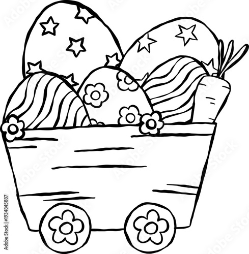 Whimsical Groovy Easter Egg Cart Outline Hand Drawn Illustration