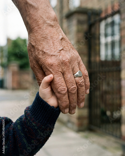 Elderly hand holding a child's hand outdoors, close-up.