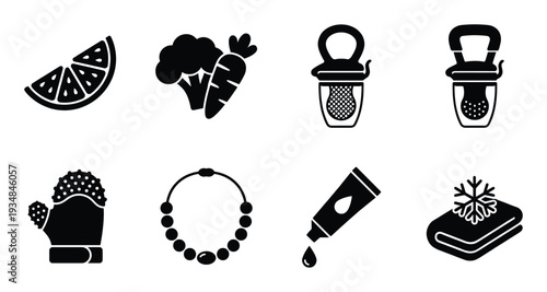 Baby food vector illustration slice of orange broccoli pacifier mitten cream snow towel