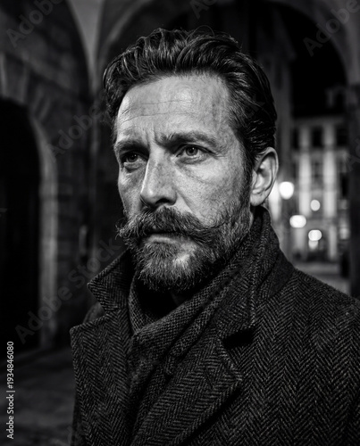 Thoughtful Man with Mustache in Dark Urban Alley Portrait
