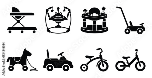 Baby items vector illustration with walker, swing, rocker, tricycle, horse toy, car and other stuff