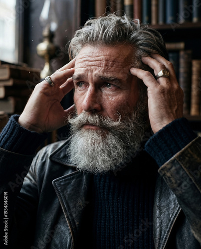 Pensive Grey-Haired Man with Beard Deep in Thought in a Library